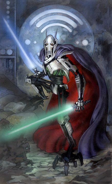 a star wars character holding a green light saber in his right hand and wearing a red cape