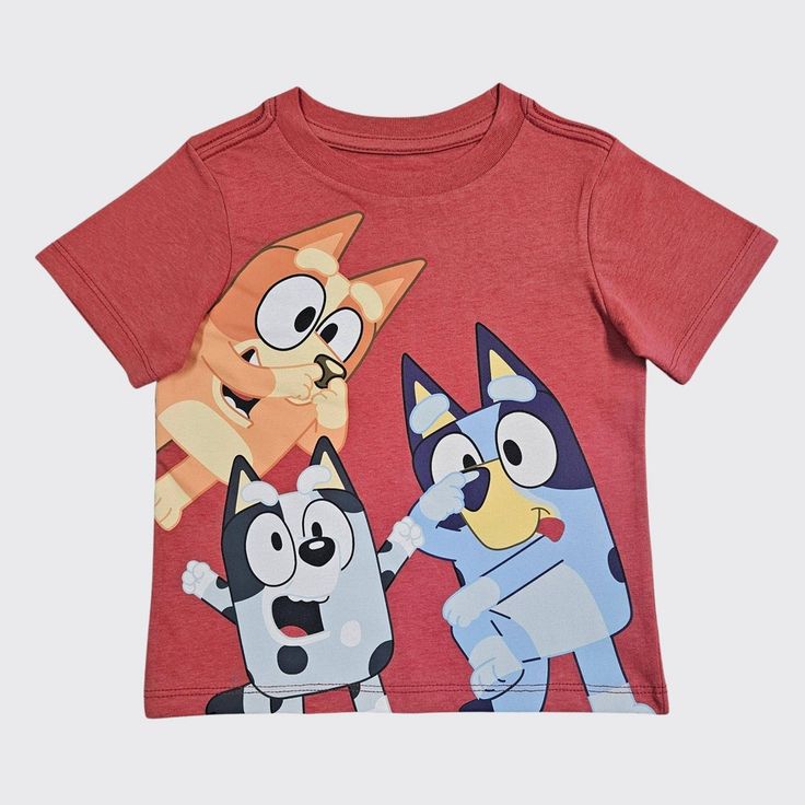 Add some pup-tacular vibes to your toddler's closet with this Bluey Short-Sleeve T-Shirt. Made of 100% jersey cotton with a crewneck, short sleeves and flat seams, this lightweight pullover tee is the perfect choice for everyday wear, playtime and beyond. It's fashioned in a heathered red shade and features a colorful illustration of Bluey, Bingo and Aunt Trixie for a fun look. Cotton T-shirt With Cartoon Print For Playwear, Playful Red Character Print T-shirt, Playful Cartoon Print Crew Neck T-shirt, Playful Crew Neck T-shirt With Cartoon Print, Character Print Crew Neck T-shirt For Playtime, Crew Neck T-shirt With Character Print For Playtime, Playful Red T-shirt For Summer, Casual T-shirt With Character Print For Playtime, Playful Cotton Short Sleeve T-shirt