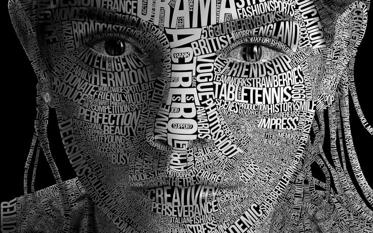 a black and white photo of a man's face with words all over it