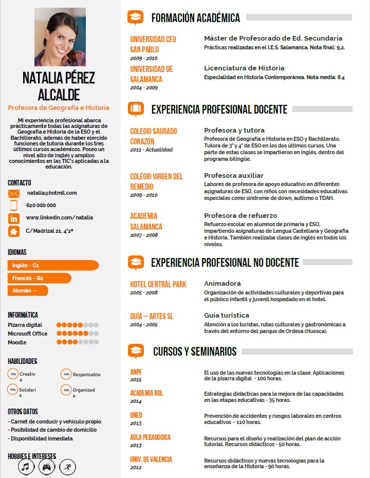 a professional resume with orange accents