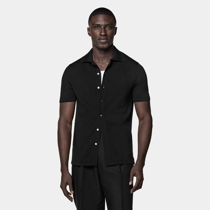 A perfect way to elevate any casual look, this black short-sleeve polo cardigan features a classic polo collar, a seven-button closure, and a slim, tapered silhouette for a sleek aesthetic. Summer Knitwear, Brown Crewneck, Polo Cardigan, Navy Crewneck, Navy Polo Shirt, Sleek Aesthetic, Grey Polo Shirt, Black Polo Shirt, White Polo Shirt