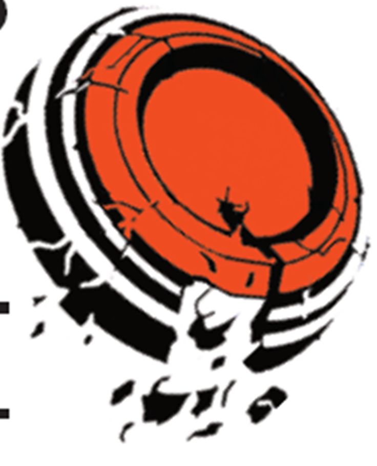 an orange and black frisbee is in the middle of a white background with words