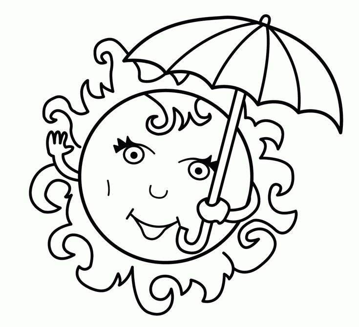 a black and white drawing of a smiling sun with an umbrella in its hand coloring page