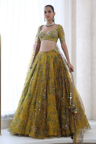 Yellow lehenga with floral print in a flowy silhouette, embellished by sequins. Comes with matching blouse and dupatta. - Aza Fashions Mahima Mahajan, Lehenga Style Saree, Indian Bridesmaid Dresses, Lehenga Designs Simple, Lehenga Style, Dresses Traditional, Red Lehenga, Indian Dresses Traditional, Traditional Indian Outfits