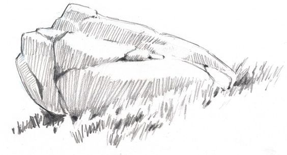 a drawing of a rock in the grass