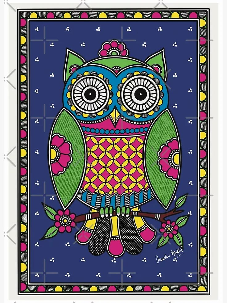 an owl is sitting on a branch with flowers and dots around its neck, painted in bright colors