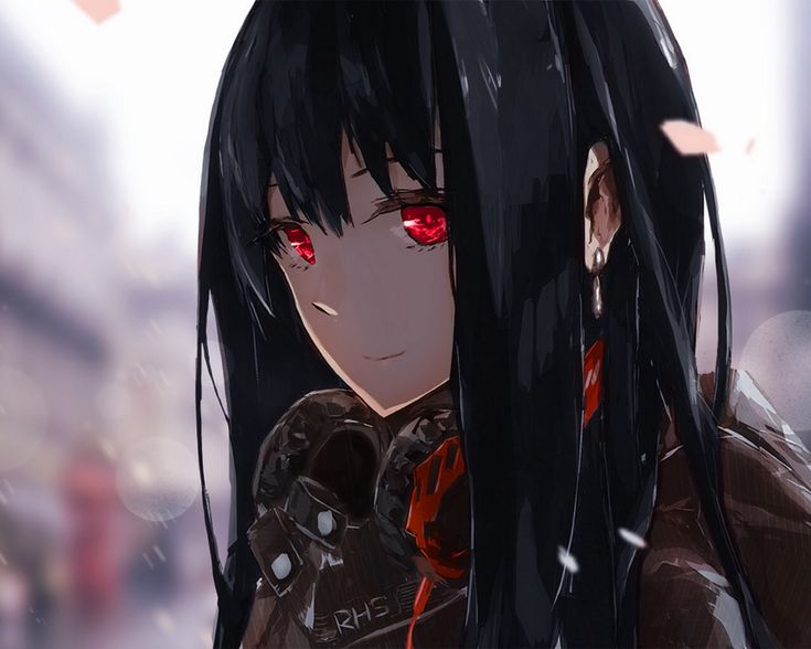 an anime character with long black hair and red eyes looking at something in the distance