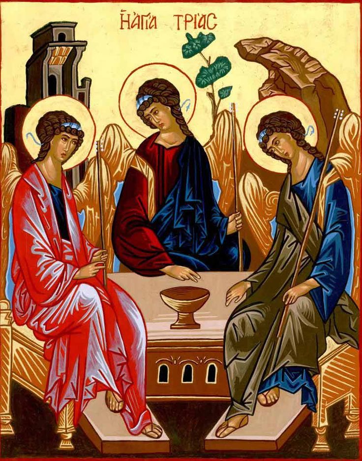 an icon with three angels sitting at a table