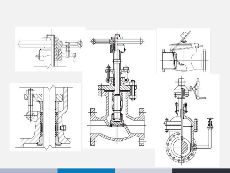 three drawings of different types of valves