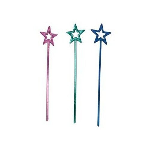 three different colored sparkle wands with stars on them