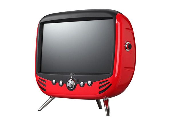 an old fashioned red television set with black screen and metal legs, on white background