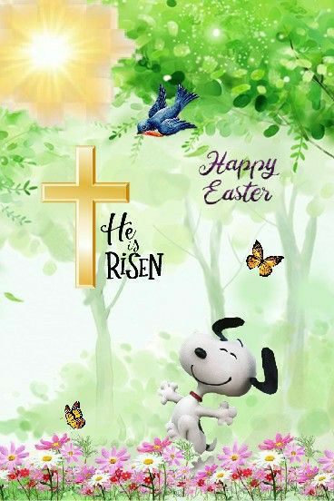 a happy easter card with a cartoon dog and a cross in the background, surrounded by flowers