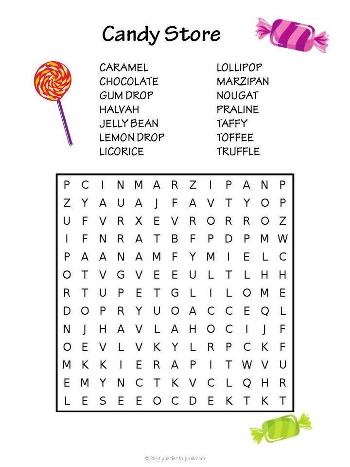 the candy store word search is shown in this printable activity sheet for kids to learn how