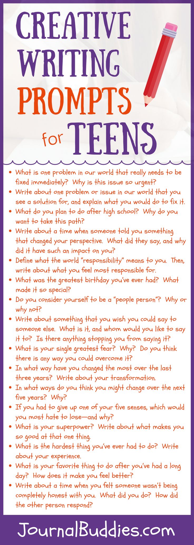 a purple and white poster with the words creative writing prompts for teens