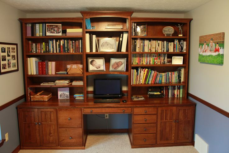 a computer desk sitting in front of a bookshelf