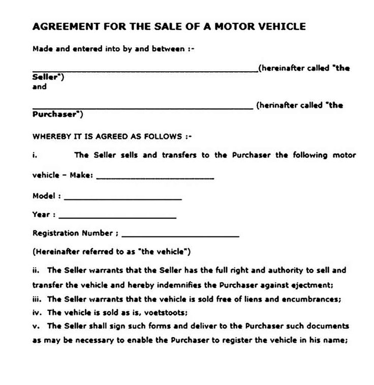 Agreement Of Sale Template For A Vehicle