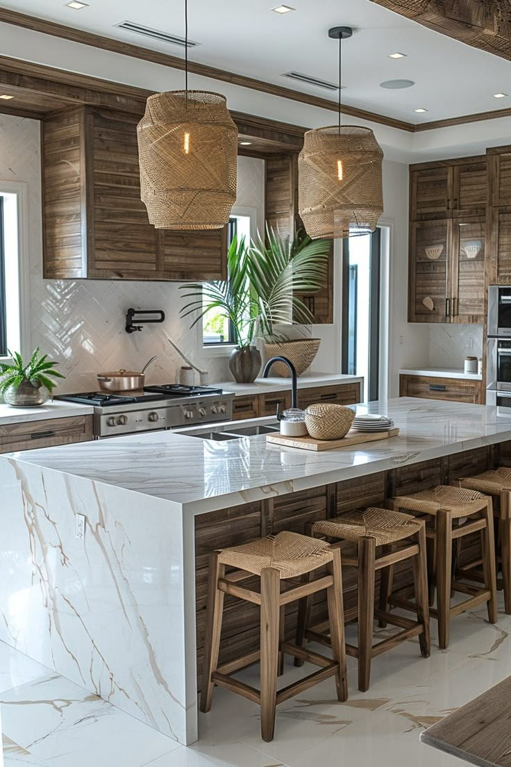 a large kitchen with marble counter tops and wooden cabinets, along with bar stools