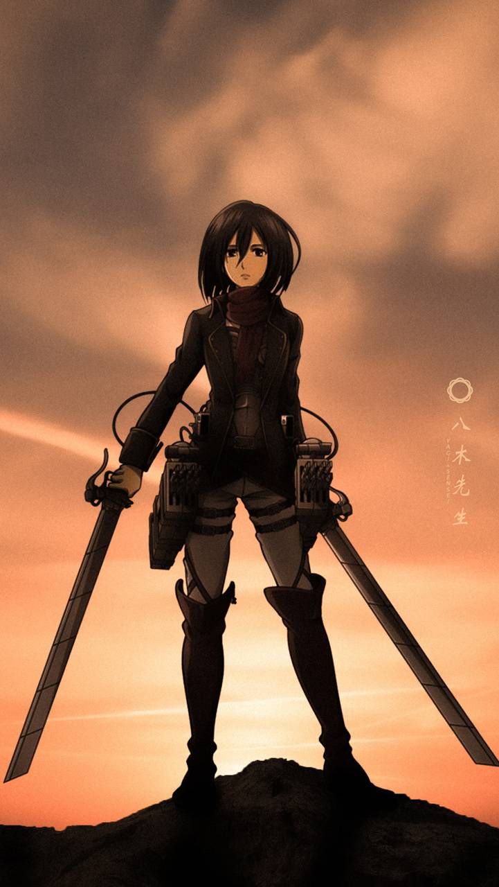 an anime character standing on top of a hill with two giant swords in her hand