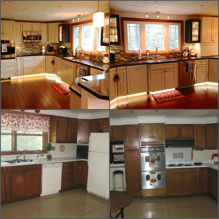 four different pictures of kitchen cabinets and appliances