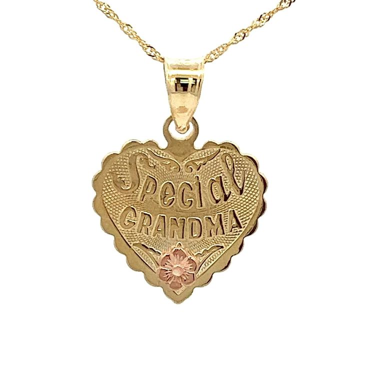 "14k Yellow Gold Special Grandma Heart Pendant /Charm with Rose Gold Flower - 17.5\"- Vintage- ET1919 Show your grandmother how much you love her with this lovely heart shaped floral \"special grandma\" pendant necklace! Metal Content: Solid 14K Gold Chain: 17.5\" twisted rope chain; 1mm thick Pendant Measurements Length including bail:  7/8\" (22mm) Width:  5/16\" (8mm) Bail opening: 5mm x 4mm Weight: 2.49 Grams Stamps: 14k KC Condition:  Excellent Pre-Owned  Each piece is thoroughly examined and refinished as needed by our professional jewelers, tested to guarantee metal content,  graded by our in-house GIA (Gemological Institute of America) Graduate Gemologist, and inspected for quality before being carefully packaged and promptly shipped. Thank you for taking the time to shop with us! 14k Gold Heart Necklace With Hallmarks, 14k Stamped Rose Gold Jewelry For Valentine's Day, Rose Gold 14k Stamped Jewelry For Valentine's Day, 14k Rose Gold Jewelry For Valentine's Day, Heirloom Yellow Gold Necklace With Hallmarks, Heart-shaped Jewelry For Mother's Day, Personalized Necklaces For Valentine's Day, Hallmarked Yellow Gold Heart Necklace For Mother's Day, Stamped 14k Heart Cut Jewelry For Mother's Day