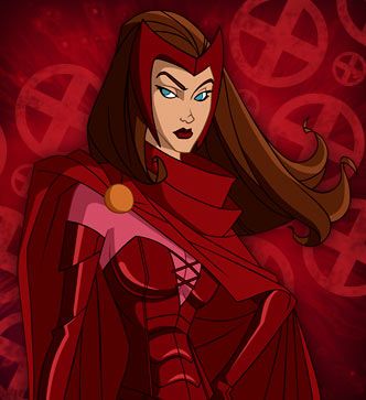 an animated female character in red and black with blue eyes, standing on a red background