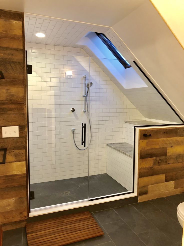 a bathroom with a skylight above the shower