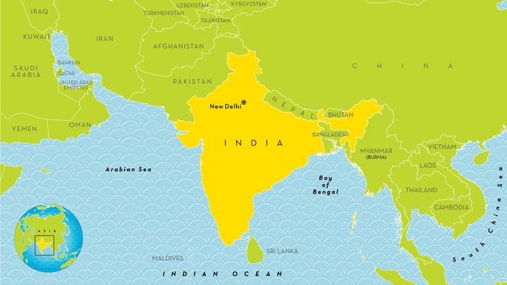 a map of india with all the major cities and their respective countries in green, yellow and blue