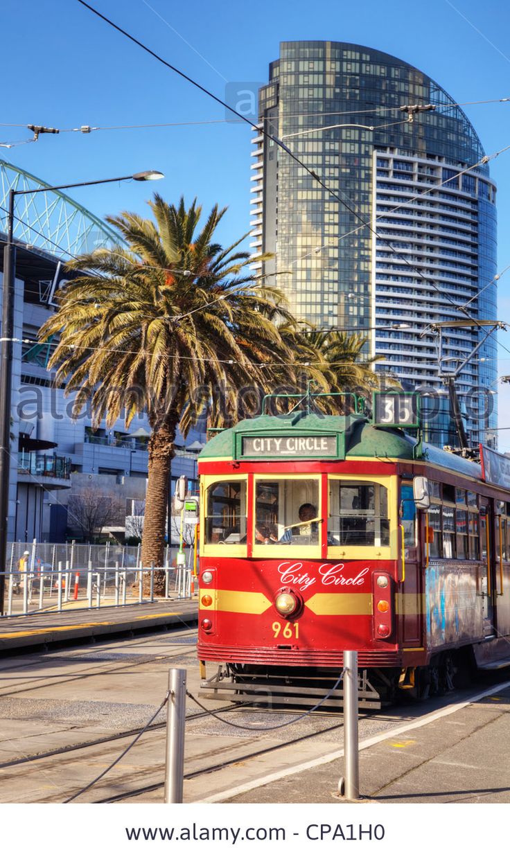 a red and yellow trolley on tracks in front of tall buildings with palm trees next to it