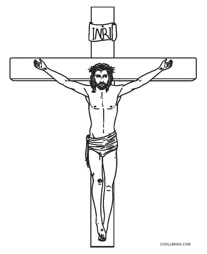 the crucifix with jesus on it is outlined in black and white ink