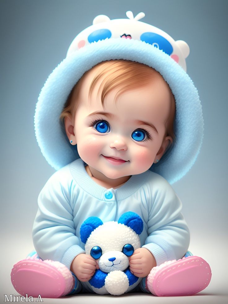 a baby with a blue hat holding a teddy bear