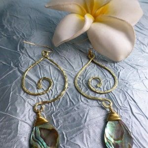 Hawaiian Inspired Earringsabalone Paua Shell | Etsy Handmade Brass Dangle Chandelier Earrings, Handmade Brass Chandelier Dangle Earrings, Handmade Teardrop Hoop Earrings For Beach, Artisan Dangle Teardrop Earrings With Ear Wire, Artisan Teardrop Dangle Earrings With Ear Wire, Handmade Brass Chandelier Drop Earrings, Bohemian Wire Wrapped Earrings As Gift, Artistic Handmade Beach Jewelry, Handmade Brass Artsy Jewelry