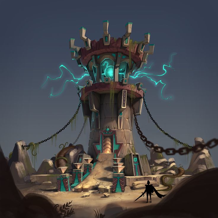 the tower is surrounded by chains and lightnings in this screenshot from an animated video game