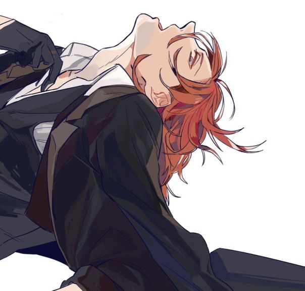 an anime character with red hair and black clothes, laying on his back in front of the camera