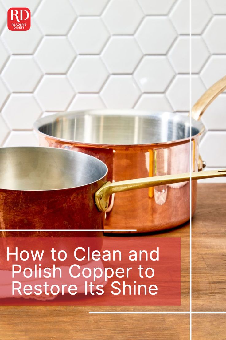 two copper pans sitting on top of a wooden table next to each other with the words how to clean and polish copper