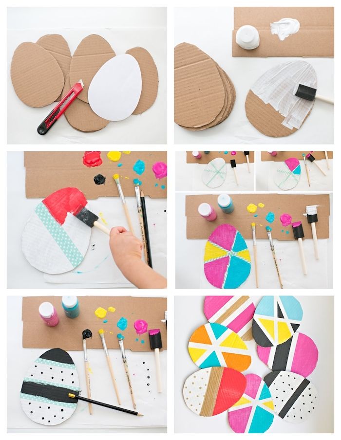 the process for making popsicle art is shown in four different stages, including paint and paper