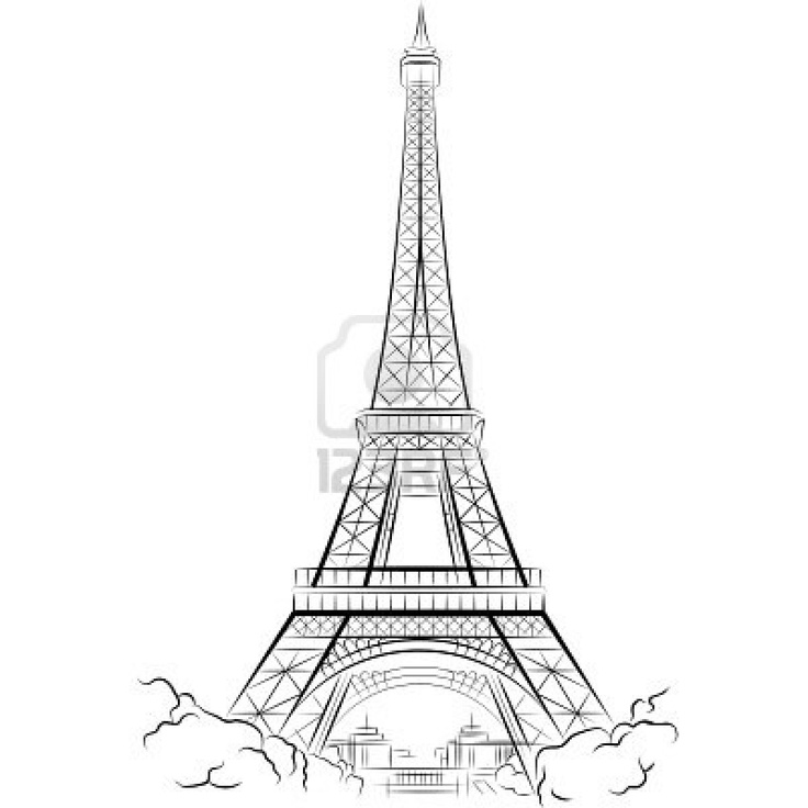 the eiffel tower is shown in black and white, with clouds around it