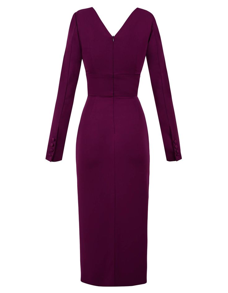 GRAPE PURPLEOffice & Cocktail Dress V- neckline Regular fit design Frontal drapery Midi length Fit for any type of bra / no bra Long sleeves Concealed back zip Standard length: 75 cm Available colors: Blue, Red, Black, Purple, Green Fabric Composition: 98%PES 2% elastane Lining: 100% synthetic silk (95%polyamide 5%elastane) Texture: Medium density fabric Feel on skin: Soft Breathable fabric:Yes Durability: it can undergo many washes if taken care of properly, as mentioned on the tag Model measur Purple Stretch Bodycon Dress For Formal Occasions, Fitted Purple Midi Dress For Dinner, Elegant Fitted Dress With Invisible Zipper, Fitted Midi Dress With Notched Neckline For Date Night, Fitted Cocktail Dress With Invisible Zipper, Elegant Evening Bodycon Dress With Invisible Zipper, Elegant Bodycon Dress With Invisible Zipper, Fitted Dresses With Notched Neckline For Evening, Formal V-neck Elastane Bodycon Dress