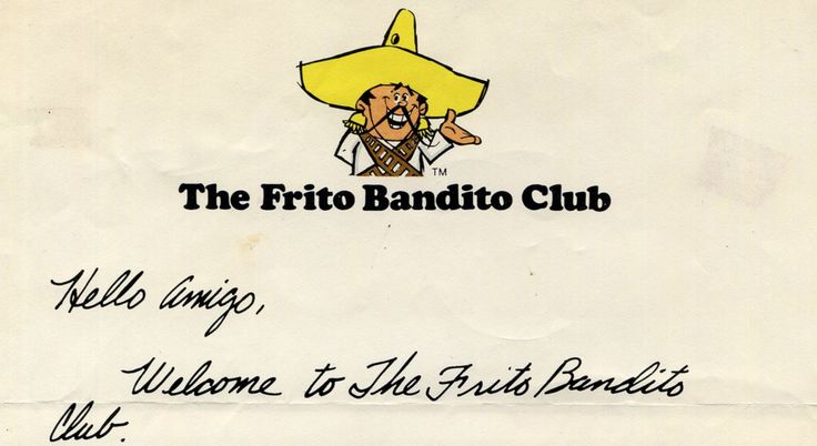 a handwritten letter from the frito bandio club, with an image of a man wearing a sombrero