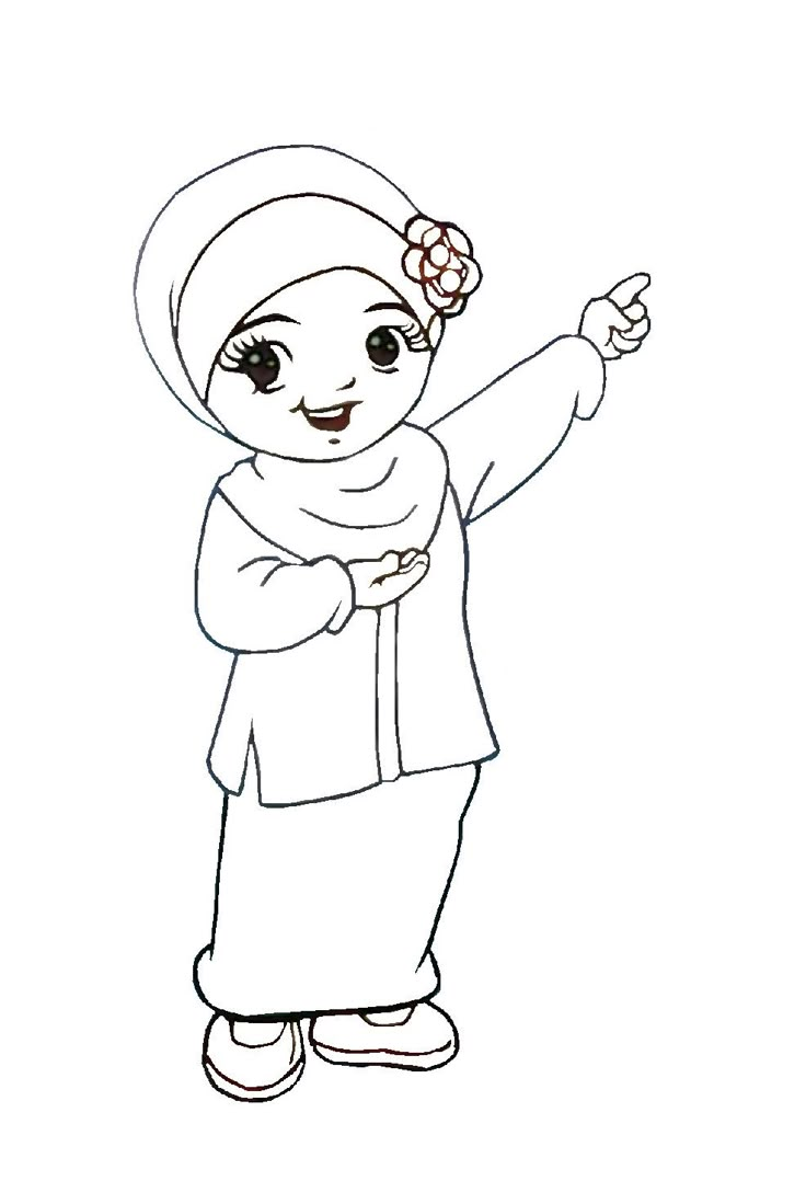 a cartoon character with a hijab pointing to the side and wearing a flower in her hair