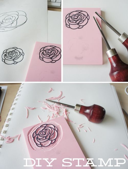 the process is being made with stamping paper and woodworking tools to make flower stamps