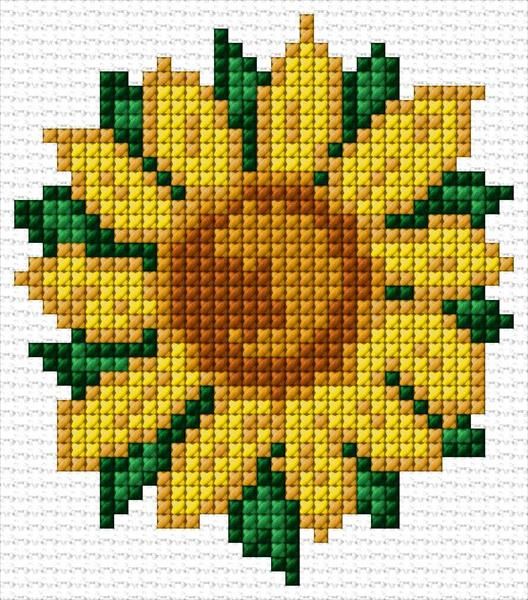 a cross stitch sunflower with green leaves on it's center and yellow petals