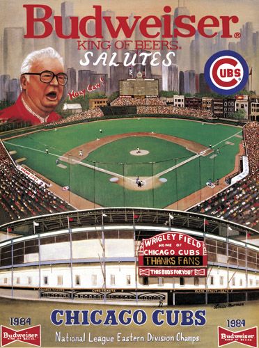 an advertisement for the budweiser stadium in chicago cubs baseball, featuring a man with glasses on his head