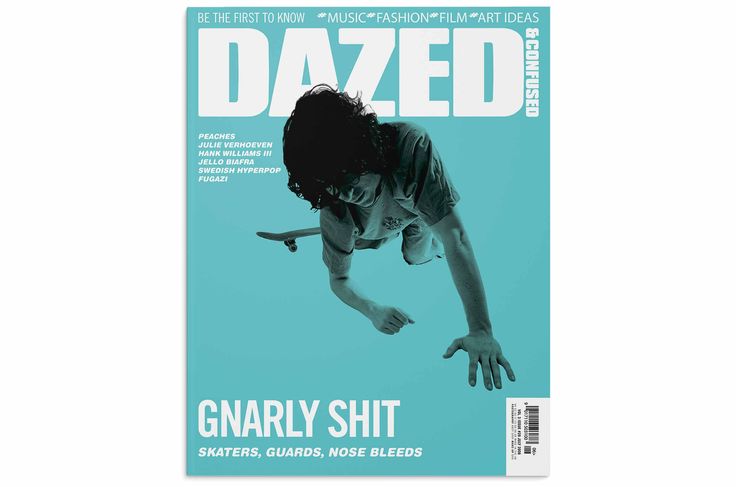 the front cover of dazed magazine featuring a skateboarder in mid air, with his hands outstretched