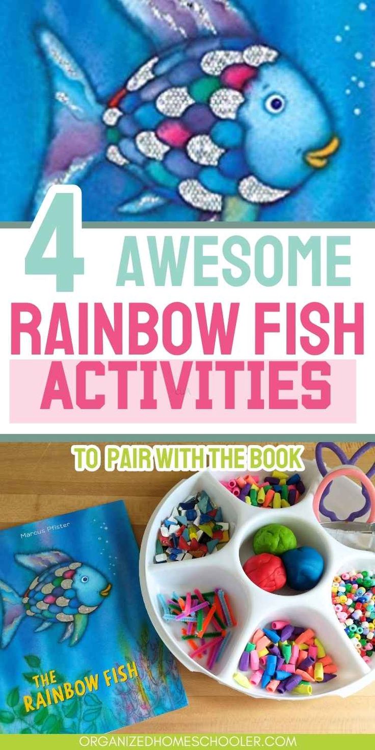 4 awesome Rainbow Fish activities to pair with the book written between the cover of the book and a playdough craft tray Rainbow Fish Book Activities, Rainbow Fish Playdough, Preschool Book Themes, Rainbow Fish Process Art, Fish Literacy Activities Preschool, Rainbow Fish Sharing Activity, Rainbow Fish Sensory Bin, Kindergarten Story Activities, Rainbow Fish Sensory Activities