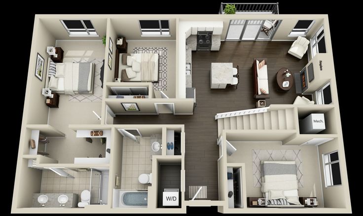 the floor plan of a two bedroom apartment with an attached bathroom and living room area