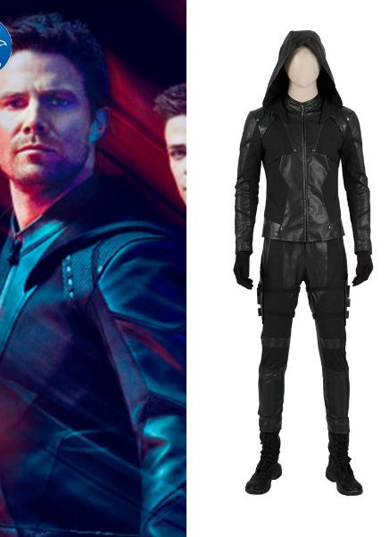 the arrow man cosplay costume is shown next to an image of his outfit