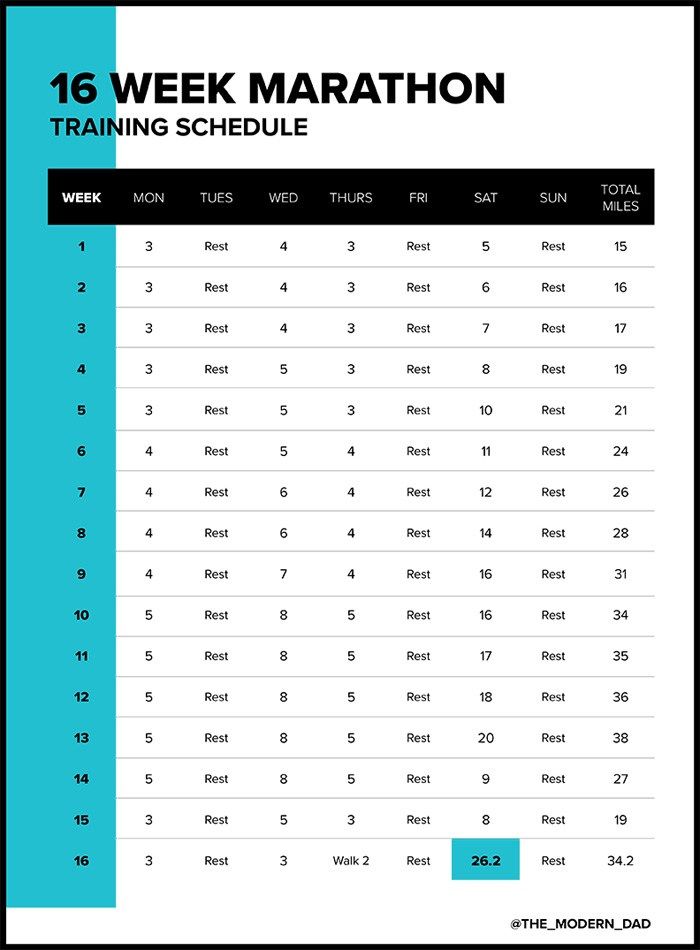 the 16 week marathon training schedule is shown in blue and black, with numbers on it