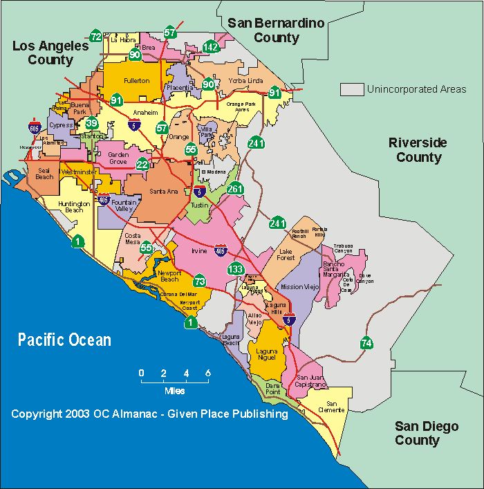 a map of the pacific ocean with cities and major roads in each region, including san diego county