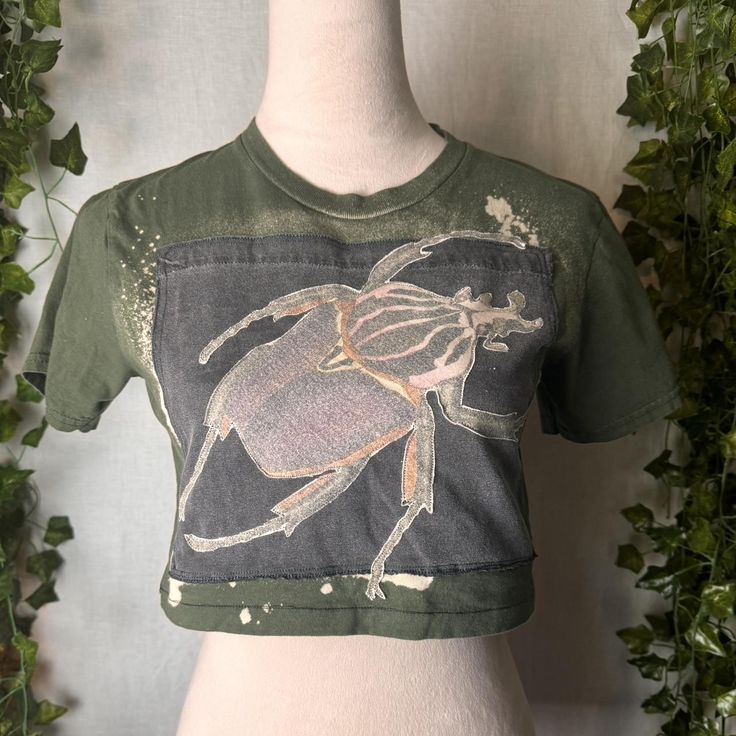 Upcycled patchwork crop top ✨by me✨ beetle patch... - Depop Cropped T Shirt Diy, Upcycle Clothes Aesthetic, Bleach Shirt Art, Patchwork Top Diy, Upcycle Clothes Diy No Sew, Patchwork Shirt Diy, Repurposed Clothing Diy, Thrift Flip Clothes Ideas, Thrift Upcycle Clothes