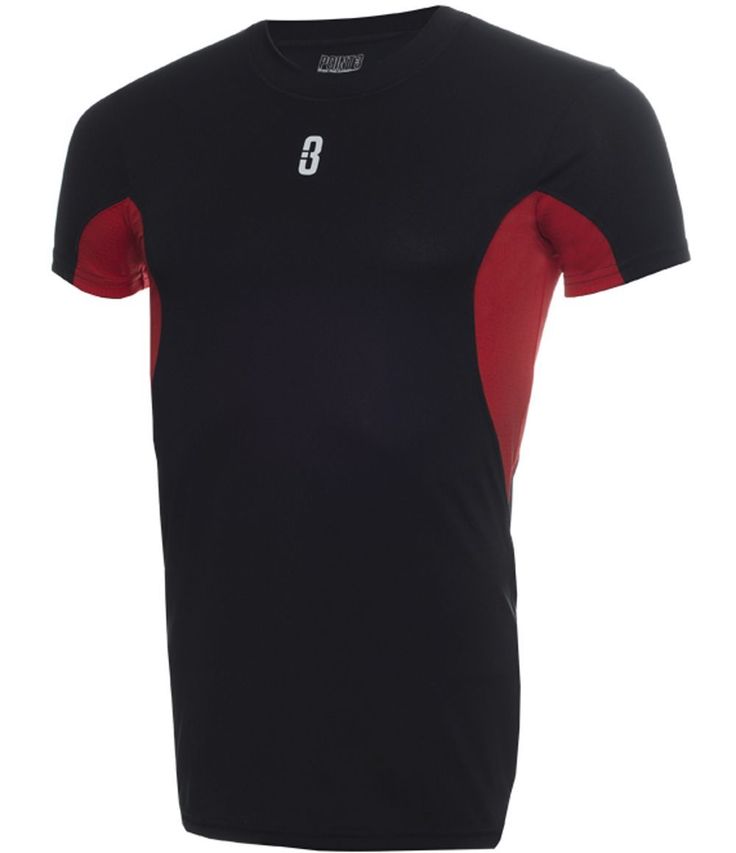 a black and red t - shirt with the number 3 on it's chest